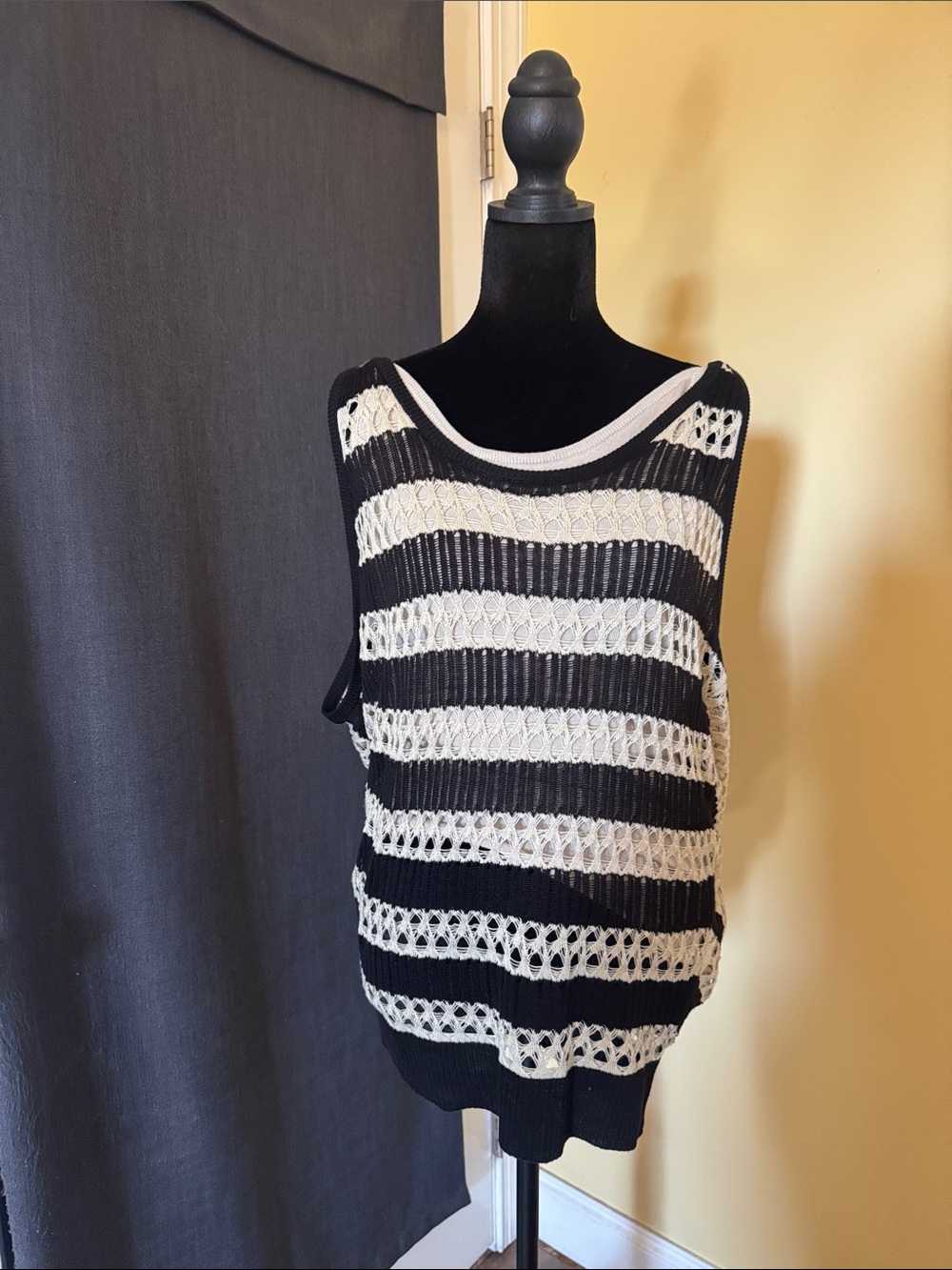 VENUS Black and White Striped Open-Knit Tank